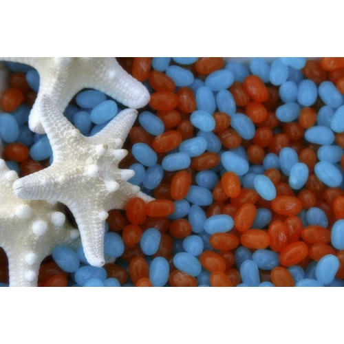 Red and blue jelly beans and white starfish